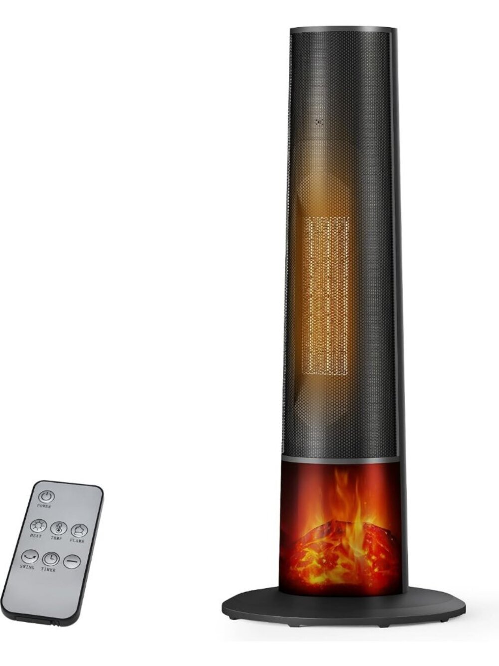 25" Portable Tower Heater - 3D Flame, Remote, Adjustable Thermostat, Quiet, Safe